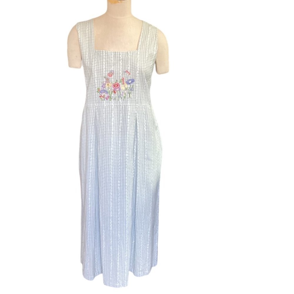 Two Twenty Sleeveless Square Neck Dress Green Gingham Embroidered Flowers L 152L